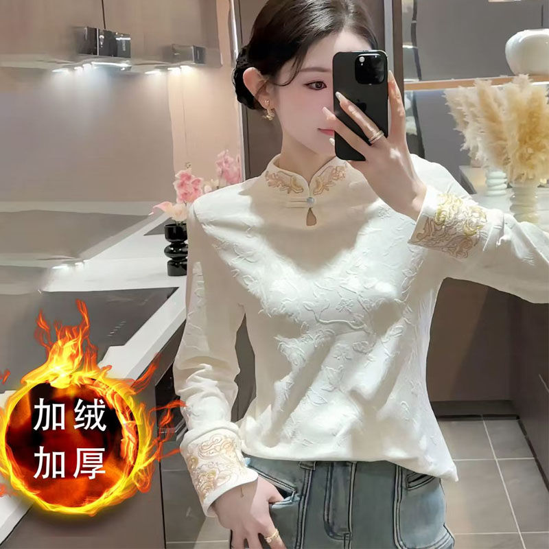 中式国风衬衫2025年秋冬立领加绒加厚长袖保暖上衣天内发货