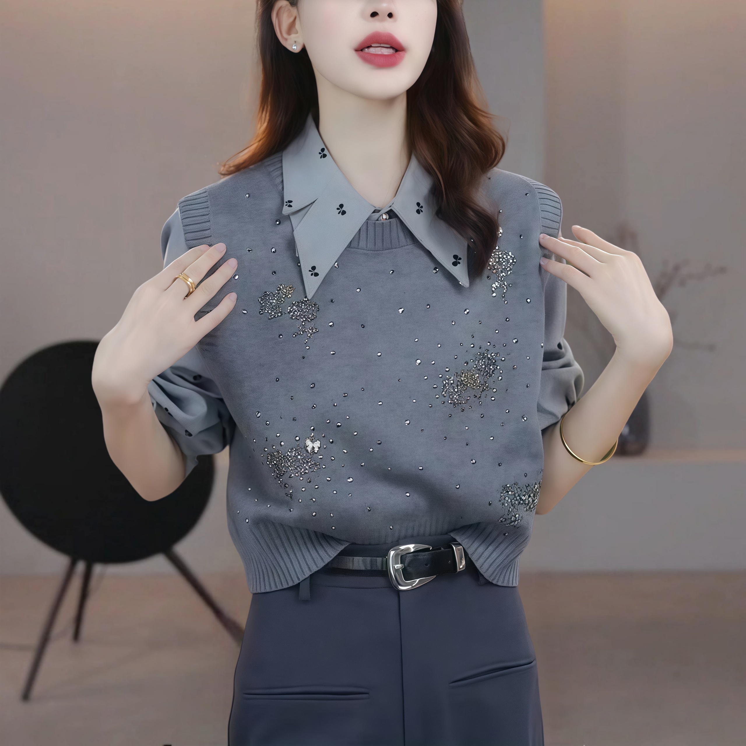 重工设计感亮片针织背心马甲女新款秋冬叠穿毛衣内搭马夹百搭上衣