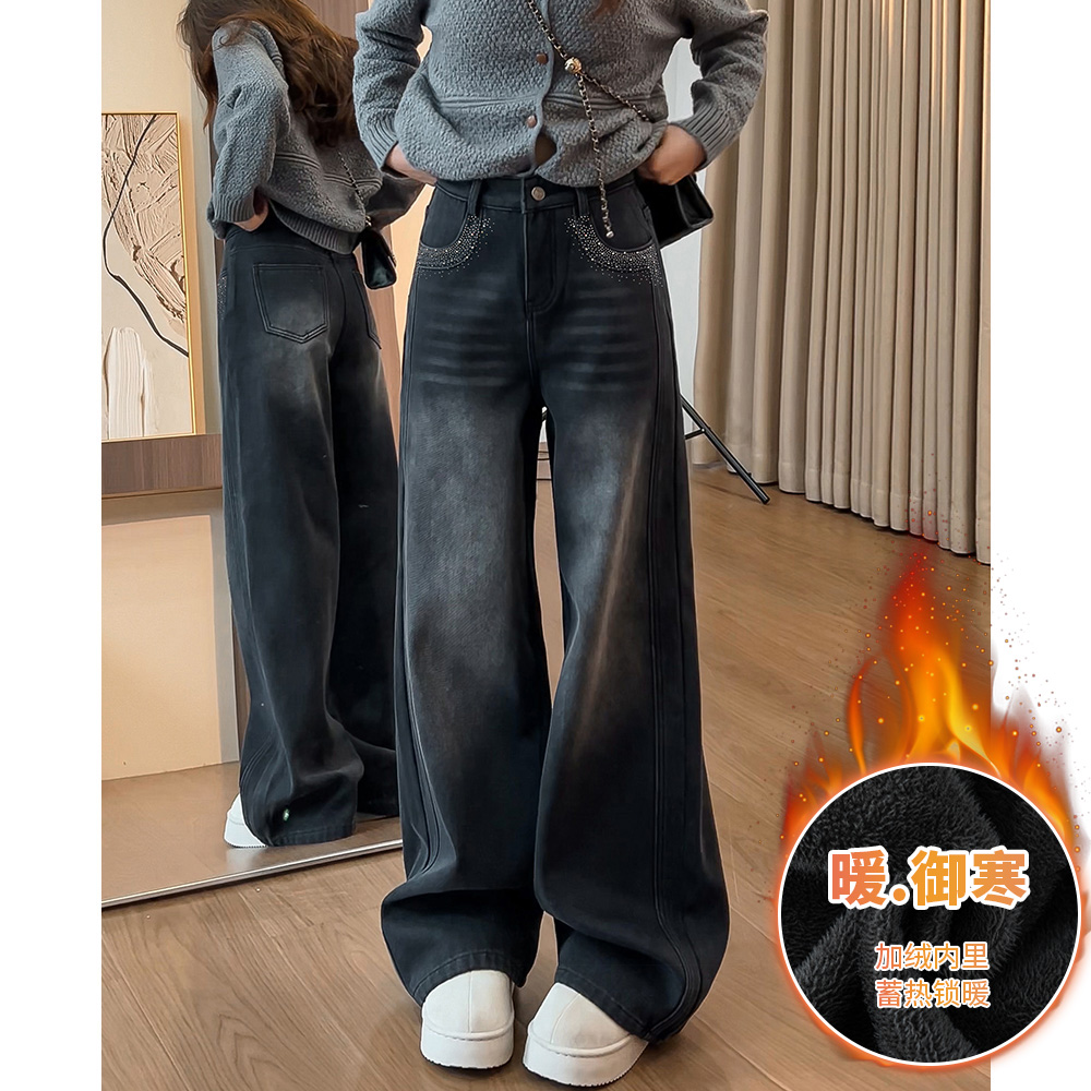 366梨形身材复古阔腿牛仔裤女秋冬加绒大码宽松高腰显瘦直筒长裤