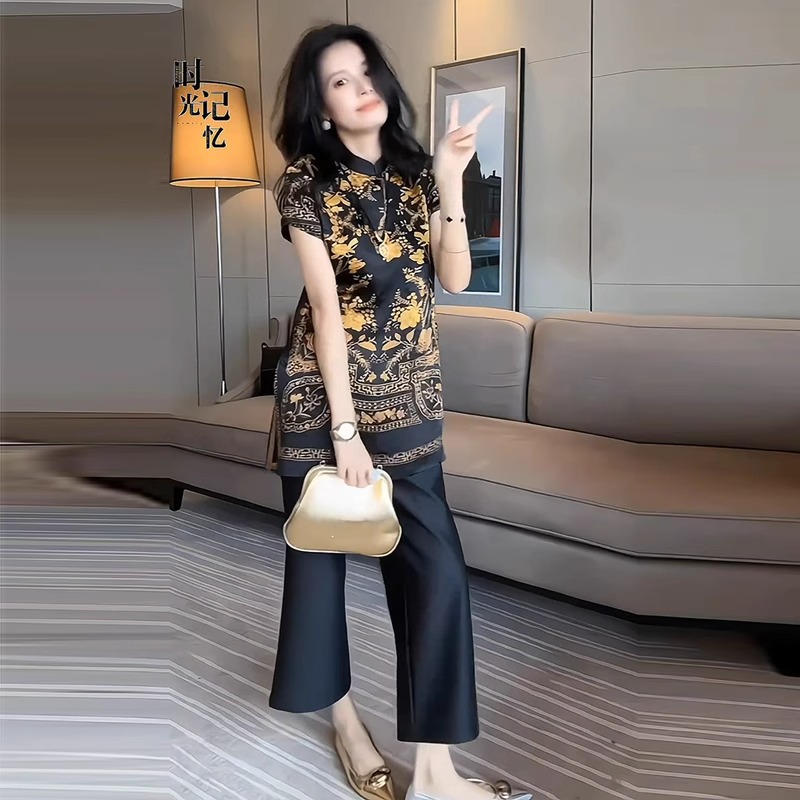 新中式国风时尚套装女夏季新款洋气显瘦印花盘扣上衣阔腿裤两件套