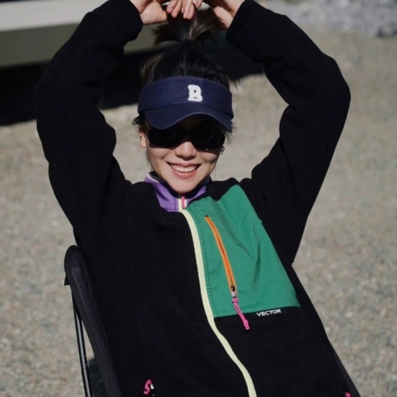 PTSJ-男女撞色拼接抓绒开衫外套情侣宽松户外休闲时尚百搭外套