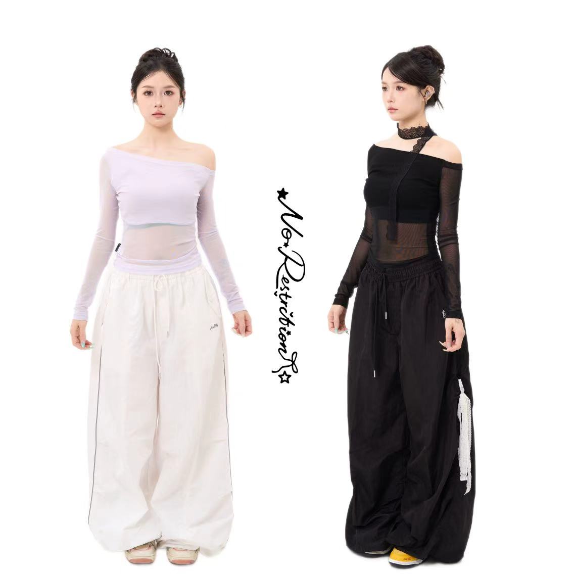 NoRestriction无限制 香芋紫网纱拼接辣妹斜肩修身jazz显瘦上衣