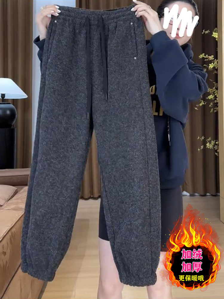 加绒休闲卫裤女秋冬新款梨形身材大码宽松遮胯显瘦高腰束脚运动裤