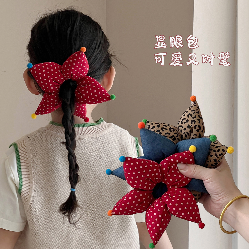 韩系儿童丸子头发饰立体五角星发圈初秋格纹可爱女马尾头绳发饰