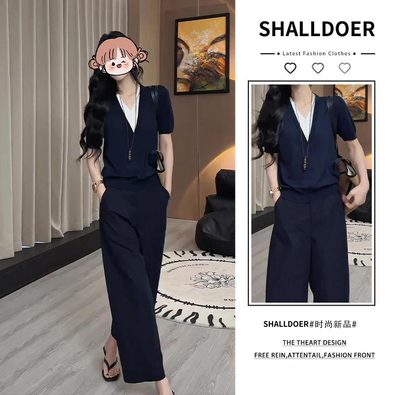 2025年夏季网红爆款藏蓝色针织假两件上衣黑色阔腿裤减龄气质套装