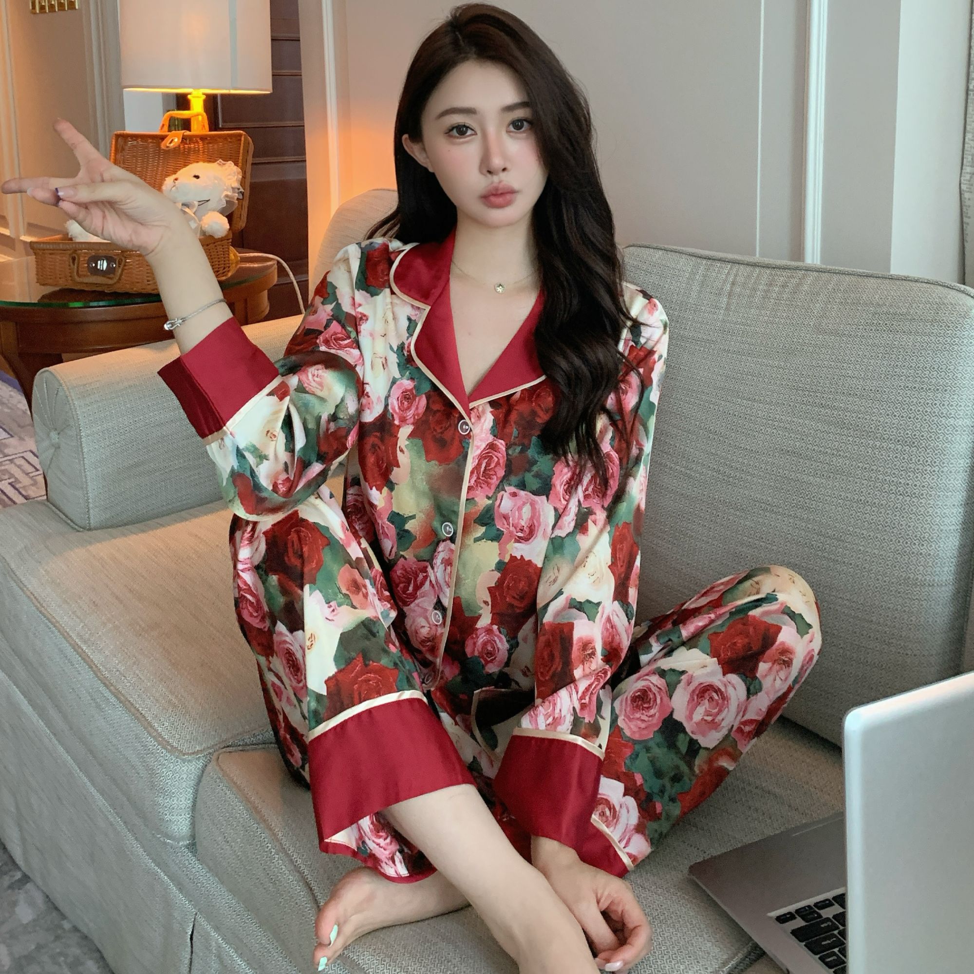 2025年春秋国风新中式款高级长袖长裤睡衣女家居服套装