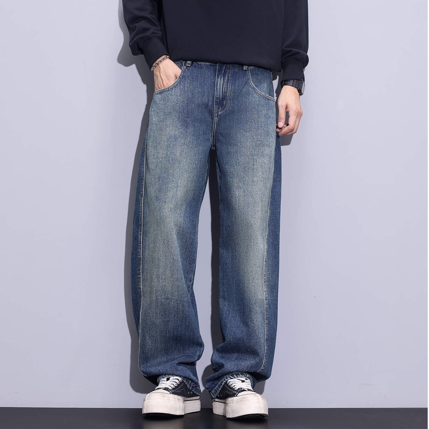 Kuvine立体剪裁宽松弯刀牛仔裤男士秋季美式复古休闲镰刀阔腿长裤