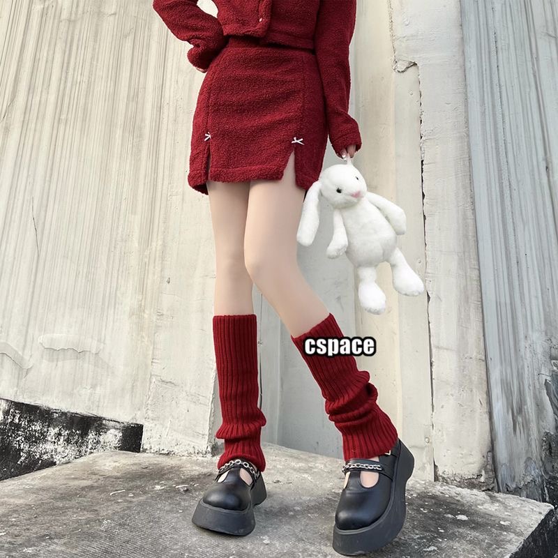 红色堆堆袜新年腿套女长筒袜加厚JK复古洛丽塔袜套长款中筒袜过年