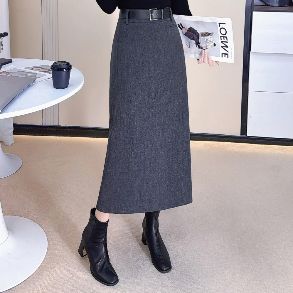 2025秋季新款女优雅气质高腰修身中长款呢料A字裙开叉半身裙-2558