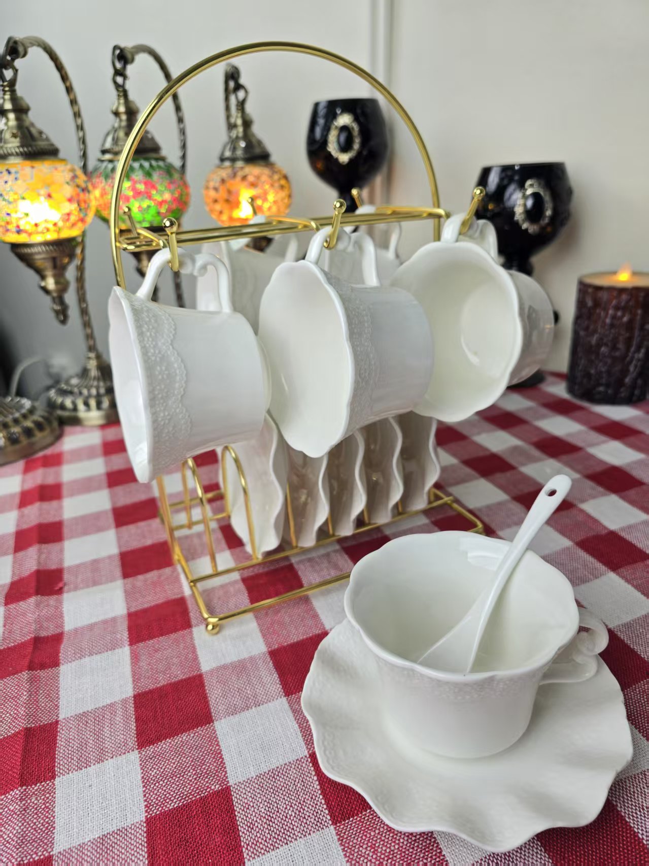 (hasoy新疆包邮）家用一架6杯6碟一套网红简约陶瓷杯碟架一套