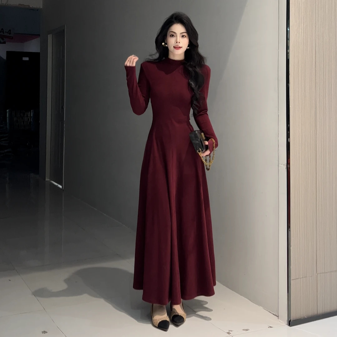 秋冬厚款德绒气质大摆裙长袖保暖舒服连衣裙时尚优雅百搭大长裙