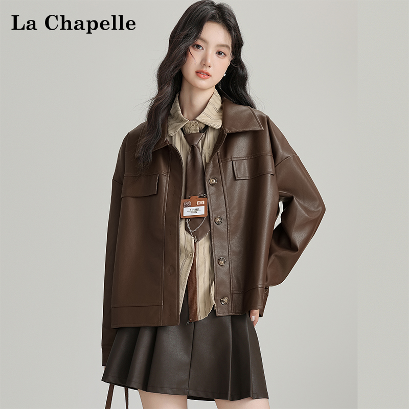 拉夏贝尔2025春秋新款翻领pu皮夹克女宽松高级感机车风皮衣外套潮