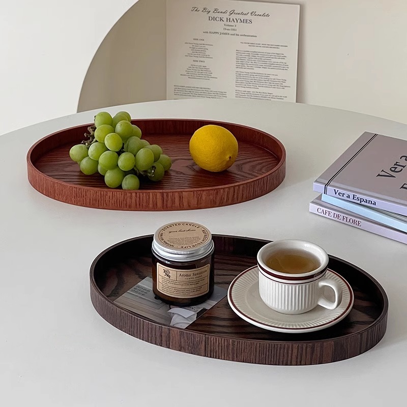 日式复古椭圆木质托盘甜品早餐盘家用客厅茶几水果盘实木收纳盘
