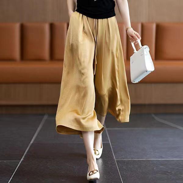 啄木鸟冰丝阔腿裤女夏季薄款新中式国风宽松显瘦百搭休闲八分裤女