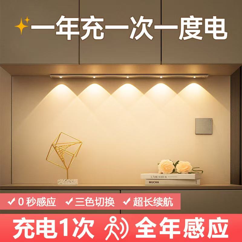 充电人体感应灯自粘免接线衣柜橱柜鞋柜玄关酒柜灯带led波纹灯条