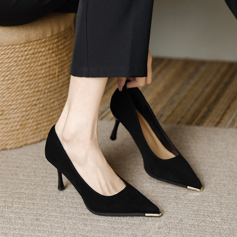 软皮黑色尖头细跟3cm浅口中跟5厘米高跟女7春秋工作职业面试单鞋