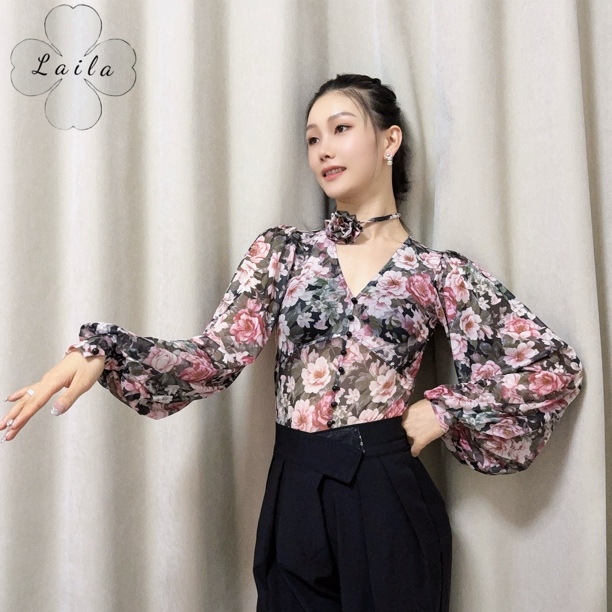 Laila摩登舞服新款上衣《姹紫嫣红》满花密网秋冬弹力摩登练习服