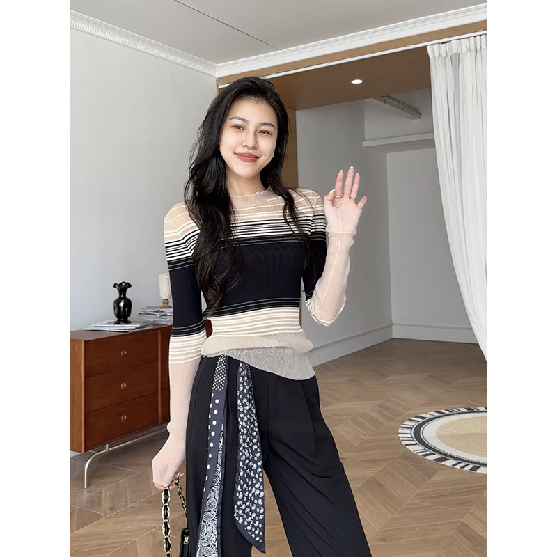 张阿星【柔雾简意】高弹撞色辣妹条纹微透修身显瘦上衣W425S12651