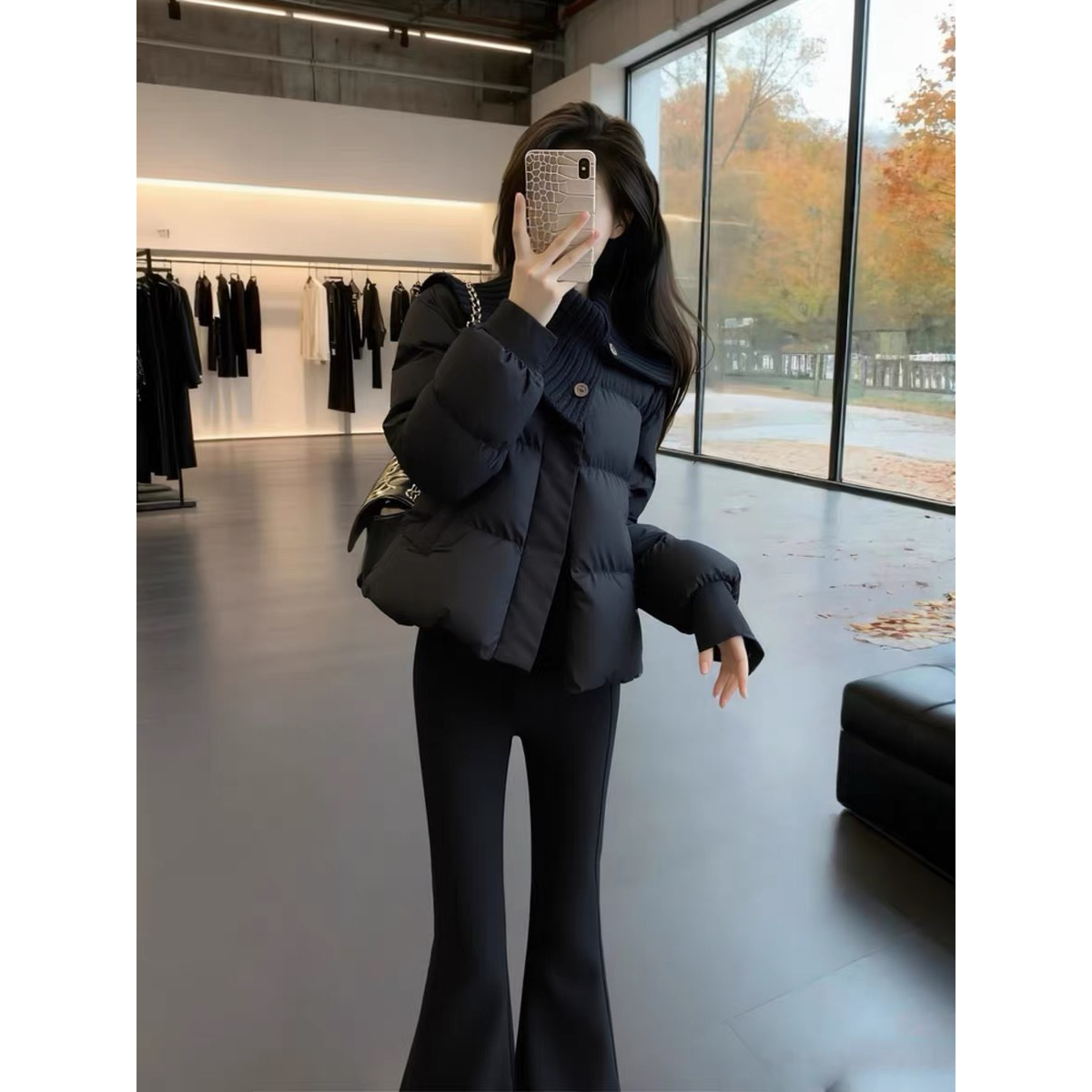 超好看冬装厚外套洋气独特别致设计感气质小香风围脖黑色加厚棉服