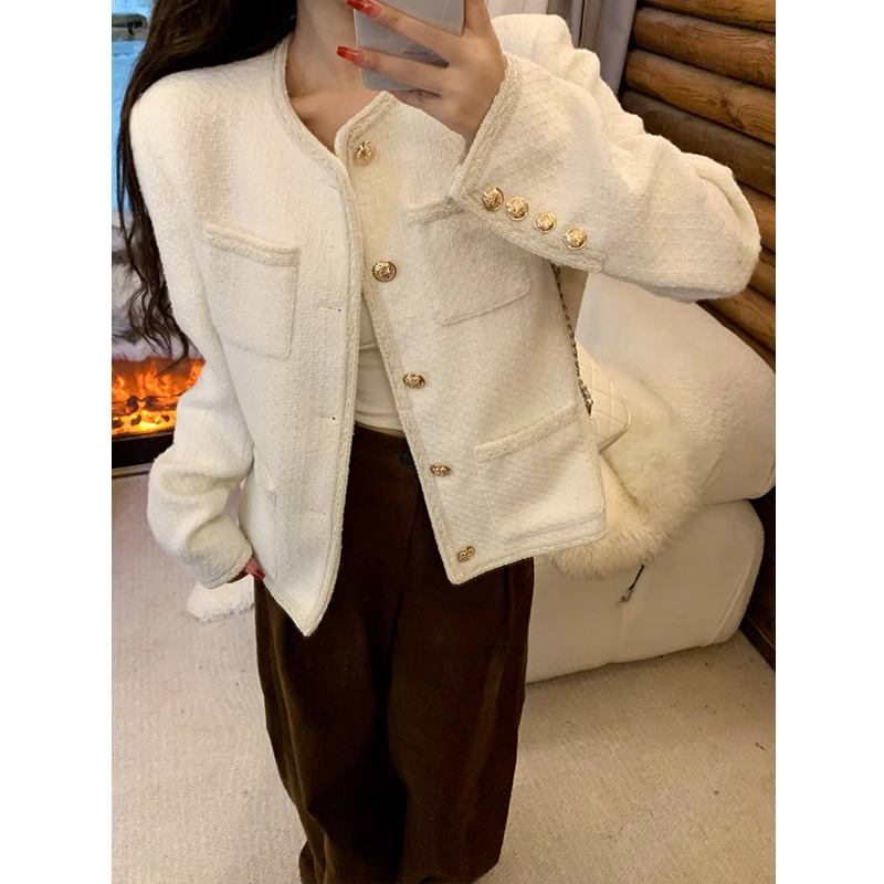 白色小香风外套女短款2025春季韩系新款小个子粗花呢气质百搭上衣