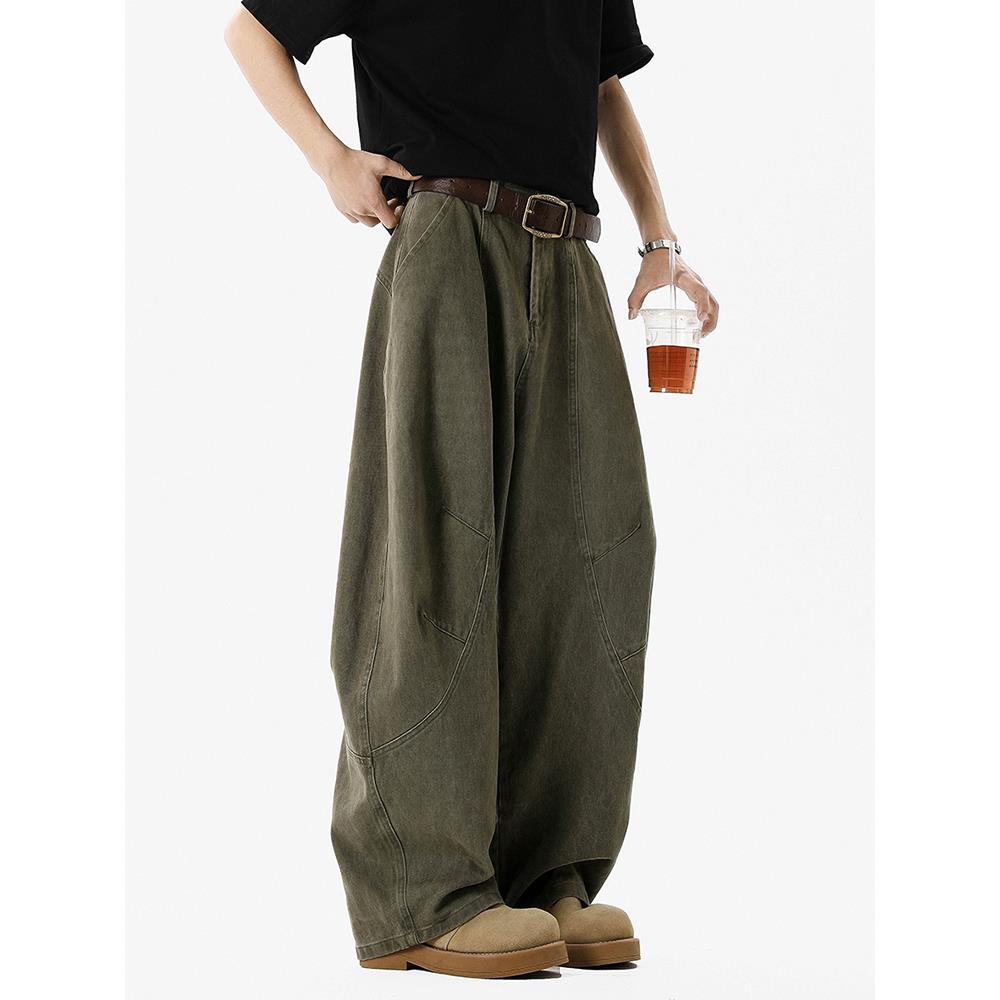 军绿色工装裤男秋季潮牌休闲裤子男款直筒宽松阔腿夏季男生弯刀裤