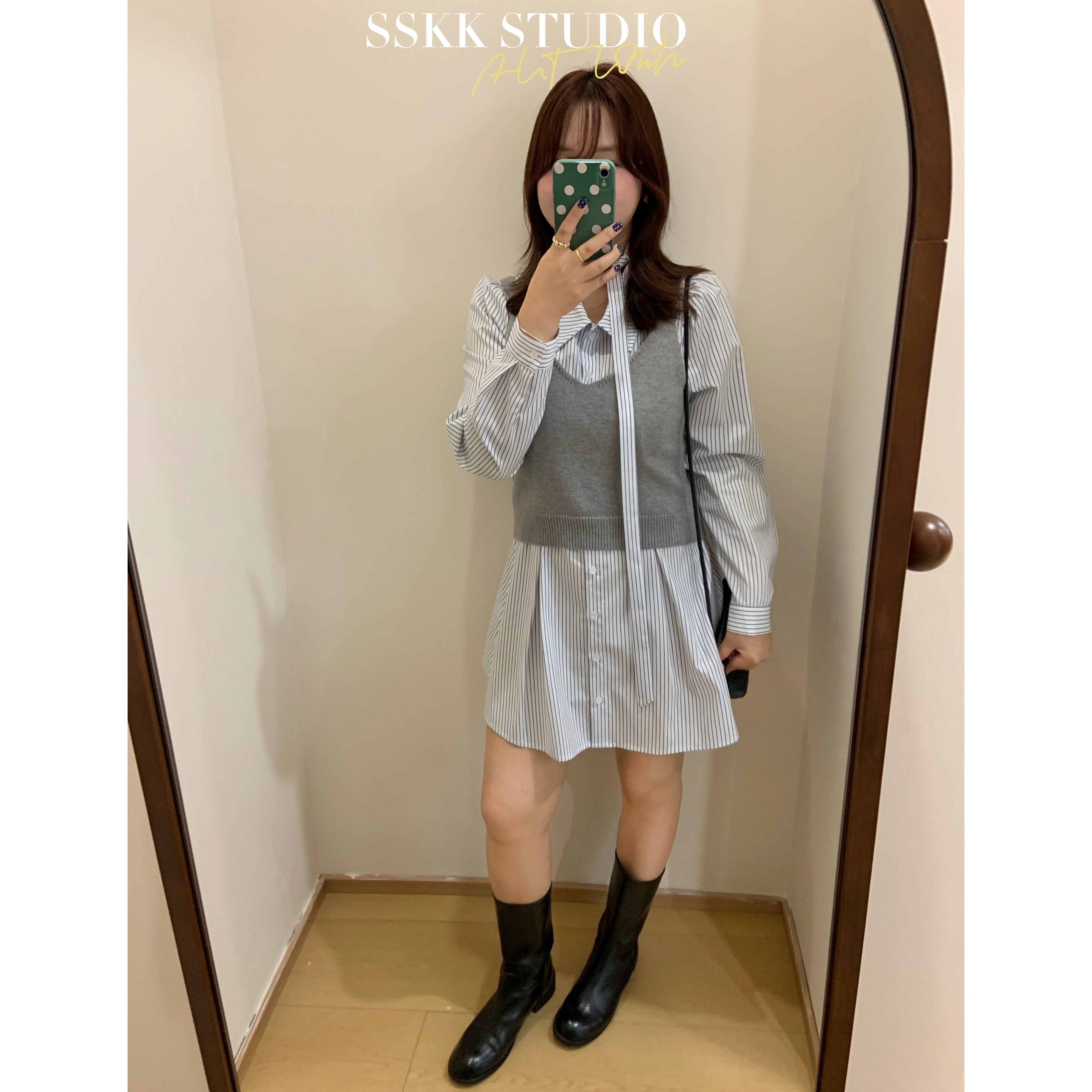 KMZY/KMZY山_山【赴约日记】微胖韩版条纹气质收腰压褶衬衫裙连衣裙