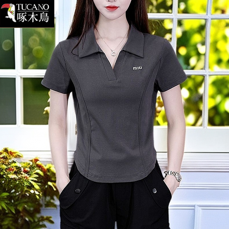 啄木鸟2025年新款显瘦POLO领t恤夏季薄款纯色刺绣小众百搭上衣女