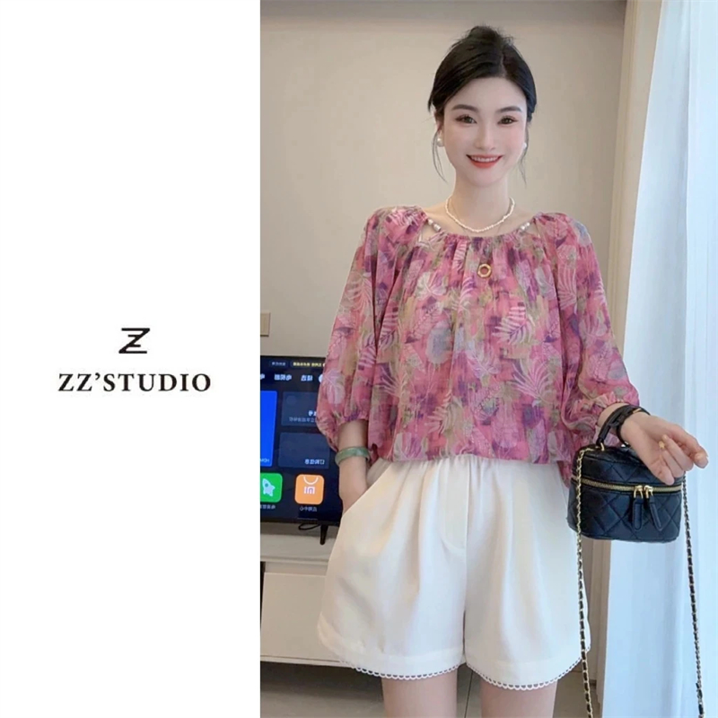 郑郑定制#夏季新款温柔减龄锁骨钉珠系带宽松显瘦时尚百搭上衣076