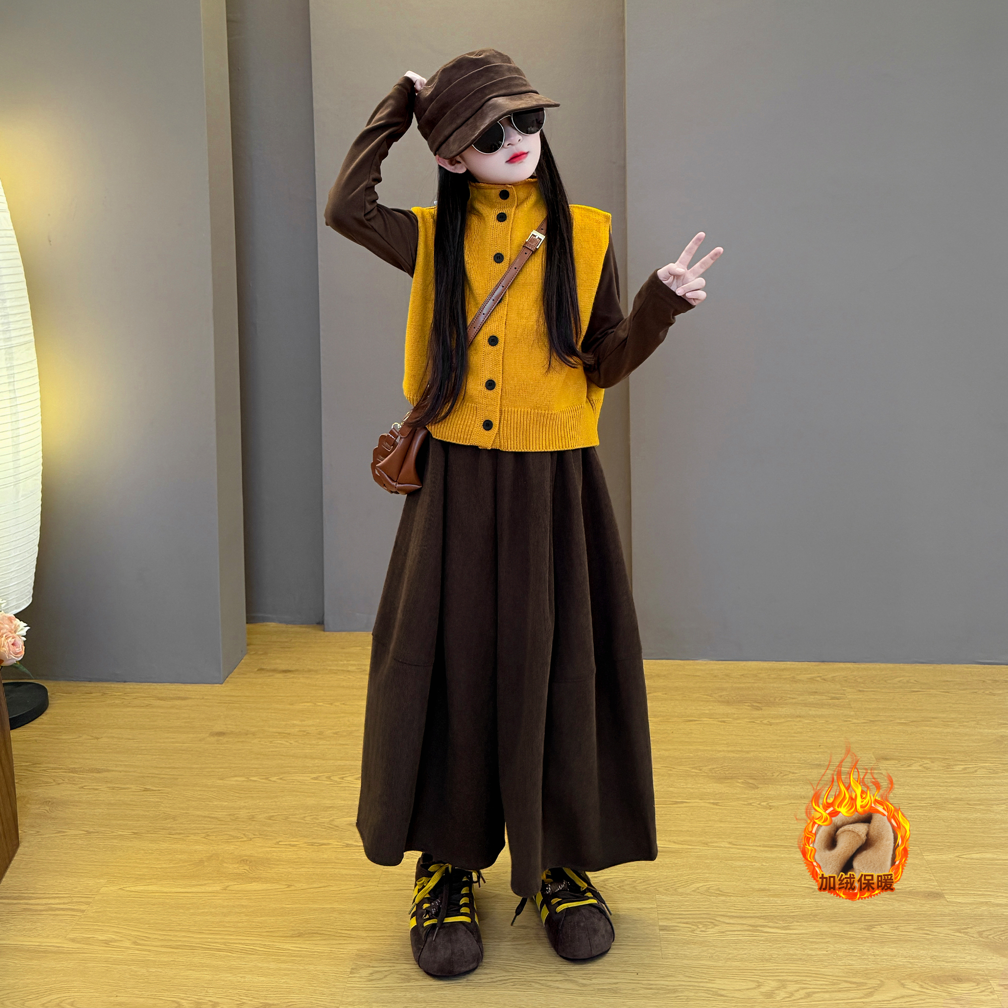 女童2025新款秋冬季韩版时尚双面绒打底毛衣马甲阔腿休闲裤套装潮