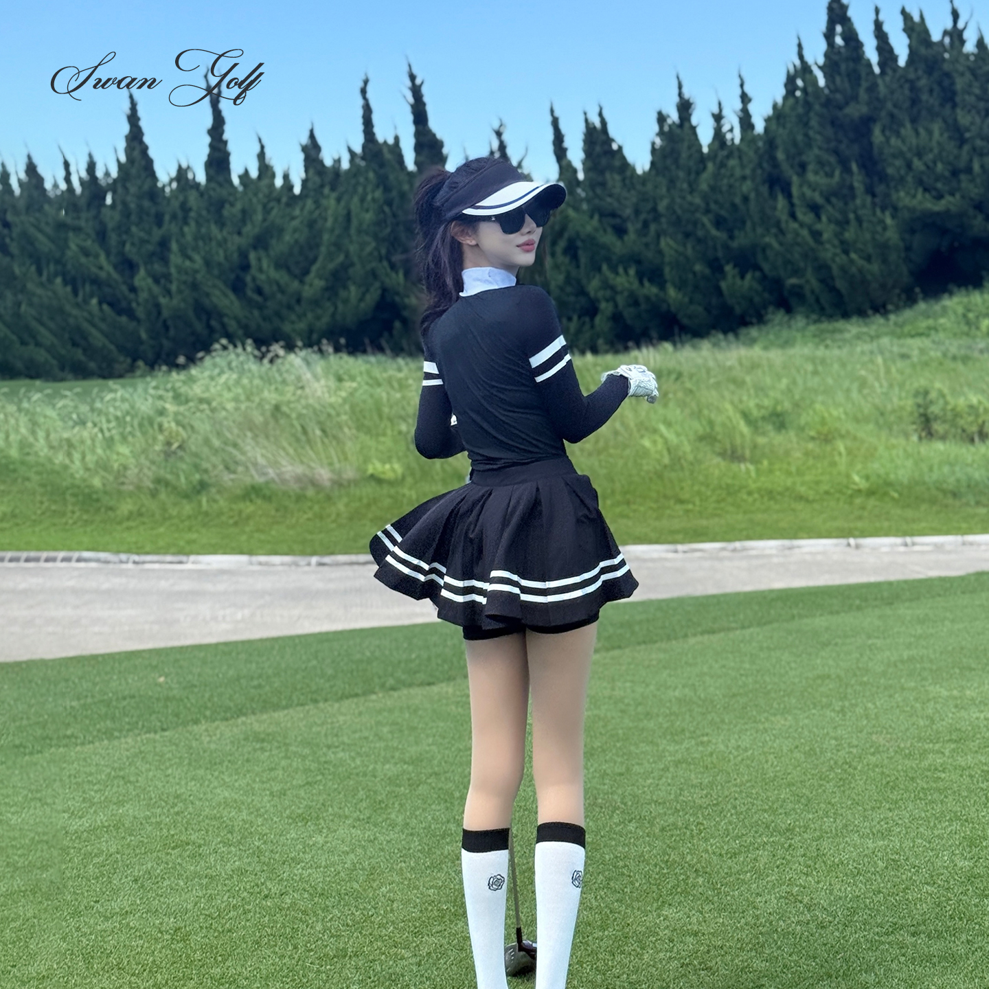 秋冬女款高尔夫长袖T恤内搭搭配百褶裙学院风运动服装