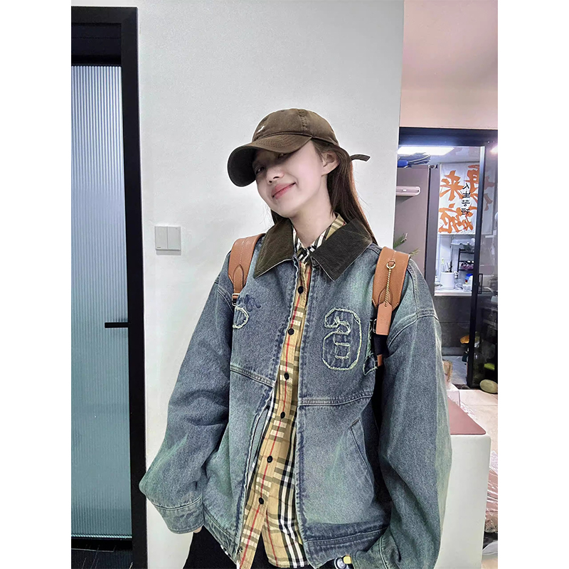 美式高街水洗做旧复古翻领牛仔夹克女2025秋季潮流设计感宽松外套