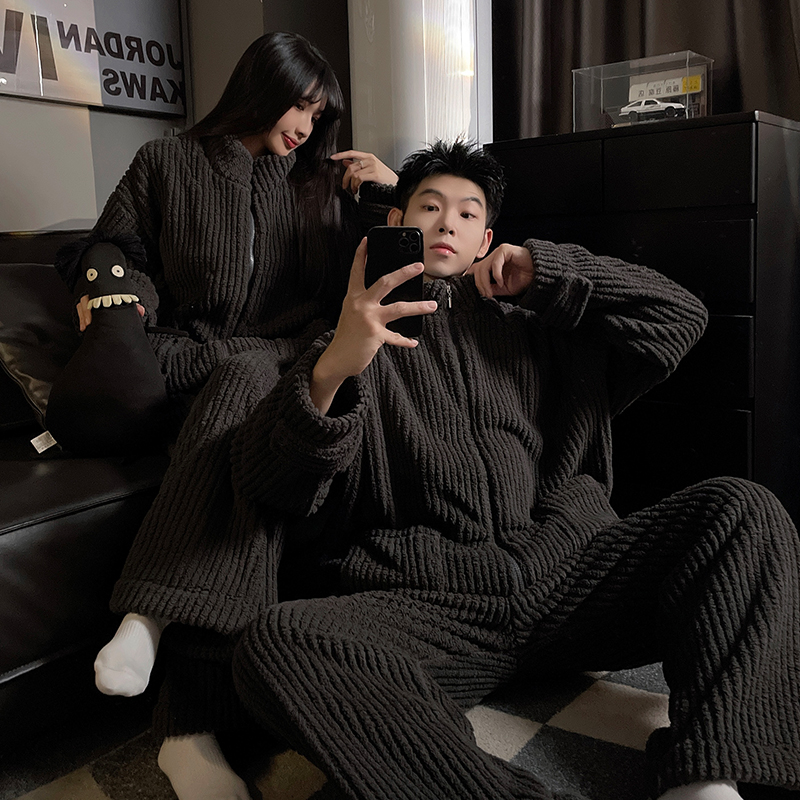 加绒加厚冬季情侣睡衣女款珊瑚绒保暖男士纯色简约休闲家居服套装