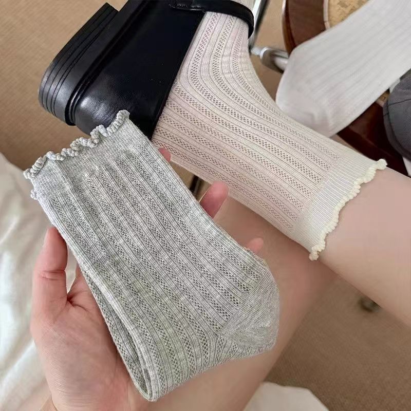 夏季轻薄款甜美木耳边网眼镂空中筒袜花边薄款纯色透气堆堆袜