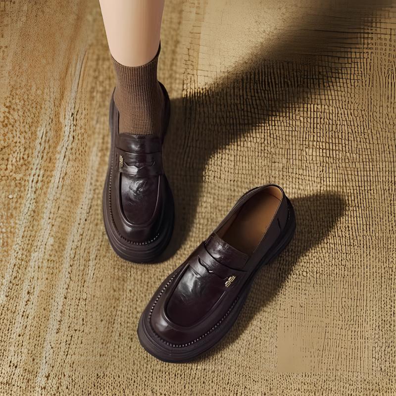 法式软羊皮2025春秋季新款英伦风黑色真皮一脚蹬乐福鞋厚底单鞋女