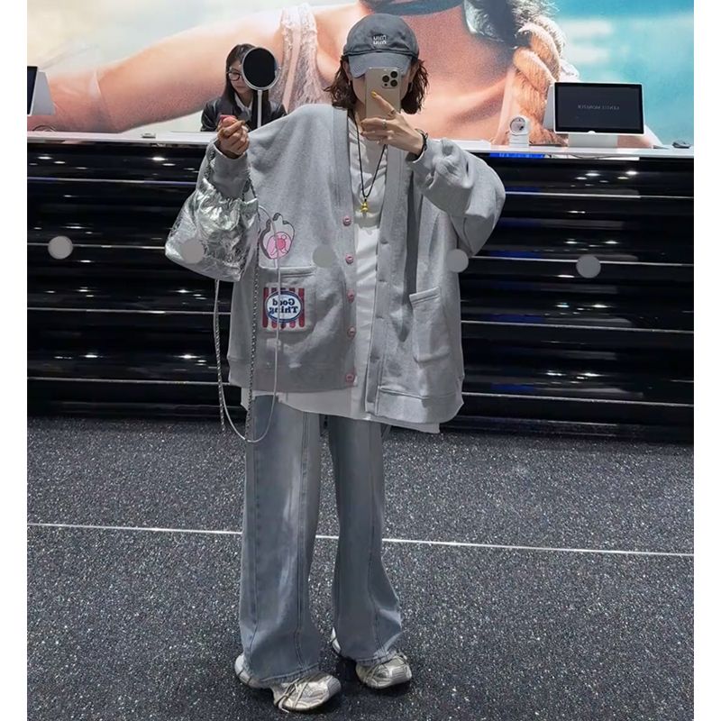 韩版百搭宽松中长款V领外套欧洲站2025春季新款时尚灰色开衫上衣