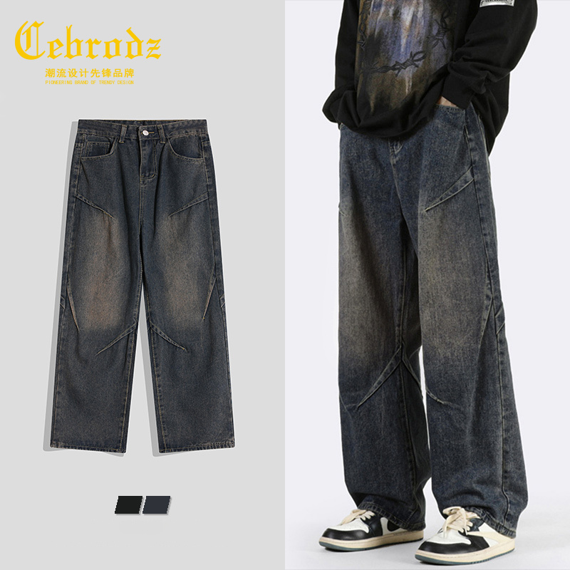 法国Cebrodz美式高街休闲做旧牛仔裤男街头设计感春秋长裤宽松男