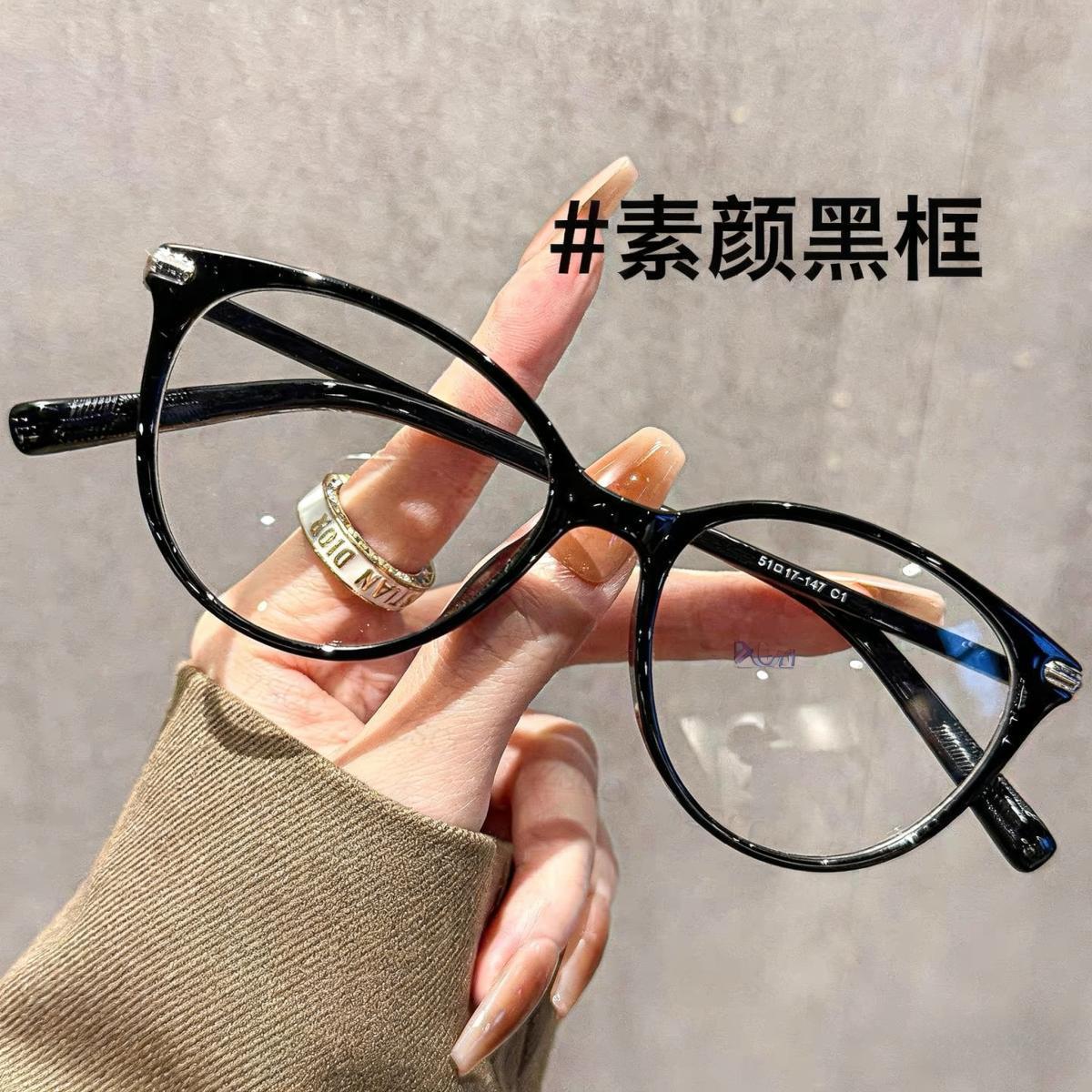 TR90韩版黑色猫眼圆脸近视镜女可配度数方圆脸防蓝光素颜成品眼镜