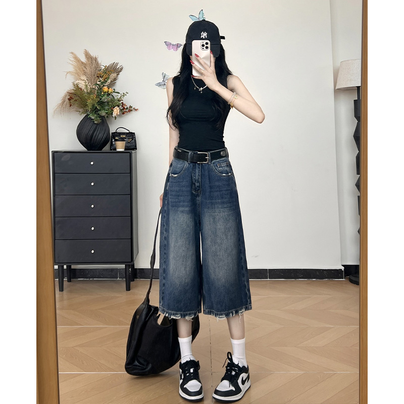 乔栈美式复古磨破宽松七分牛仔裤女夏季薄款高腰松弛感休闲汽水裤