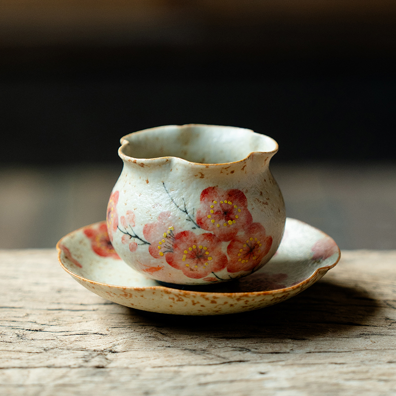 德白青花火石红家用茶杯带杯垫主人功夫套手绘梅花陶瓷品茗杯单个