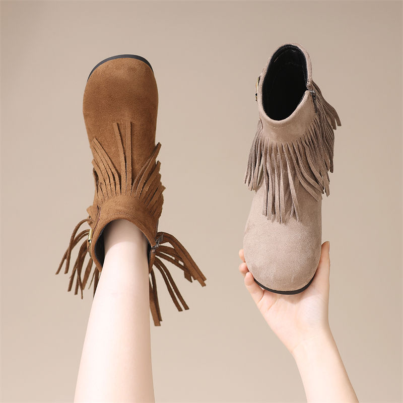 平底复古流苏短靴女2025新款秋季百搭显瘦配裙加绒软底磨砂马丁靴