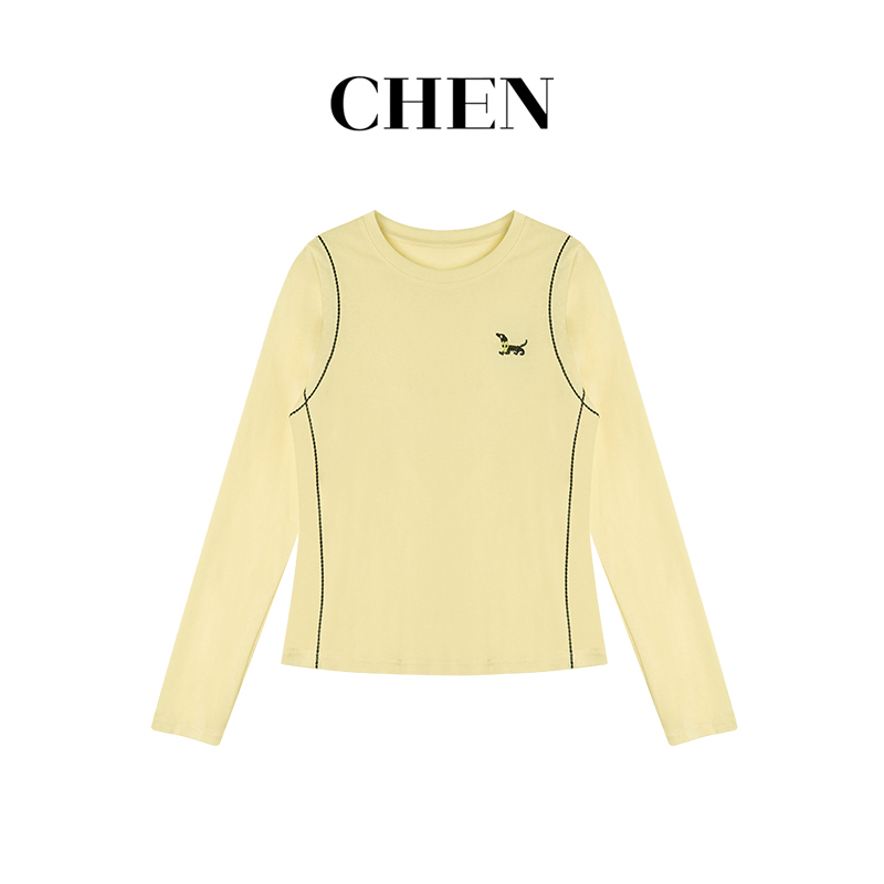 【刺绣小狗】2025早秋新款胸口刺绣小狗圆领长袖T恤上衣LK2506298