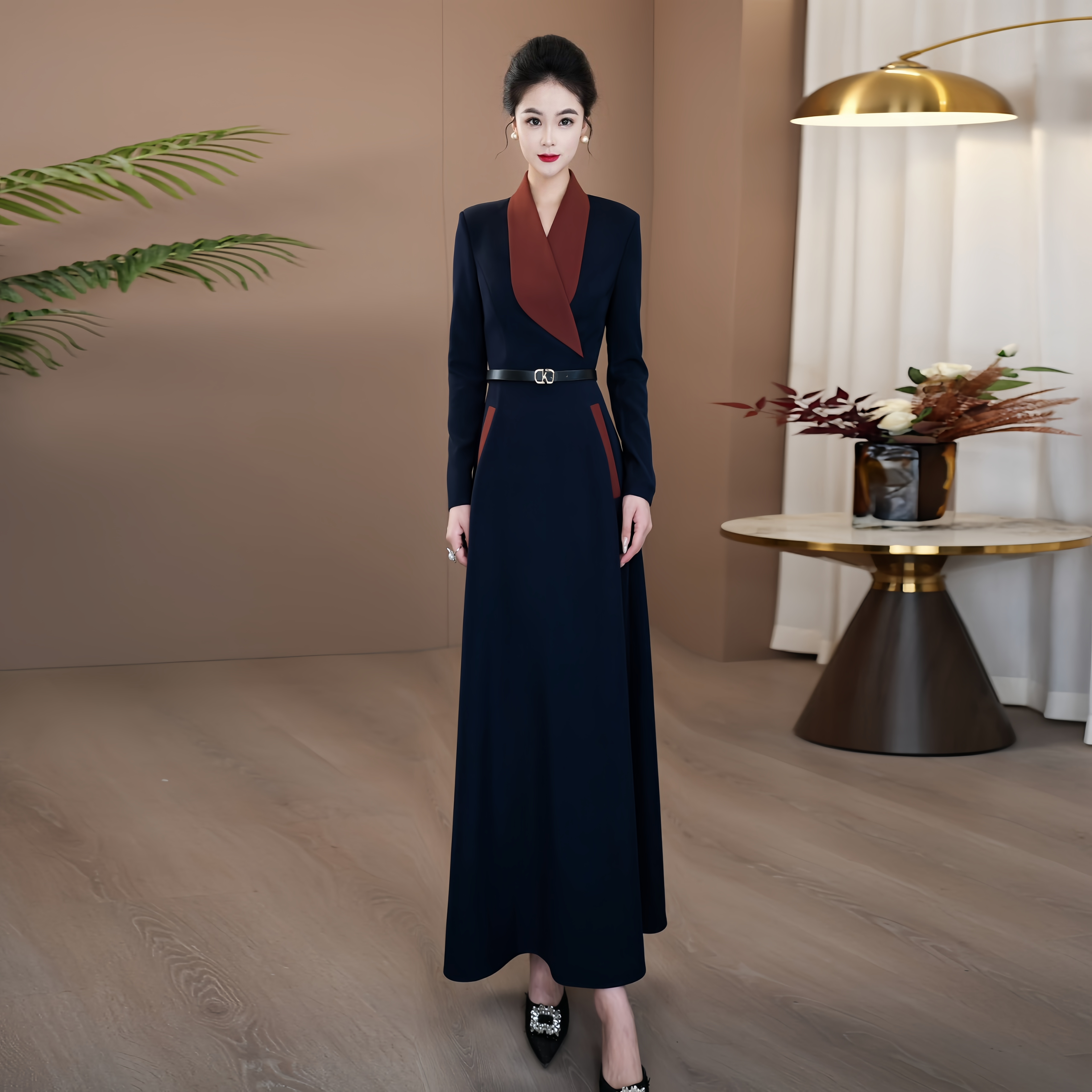 气质假两件连衣裙2025年早秋新款上新长袖拼接设计感过膝长裙176