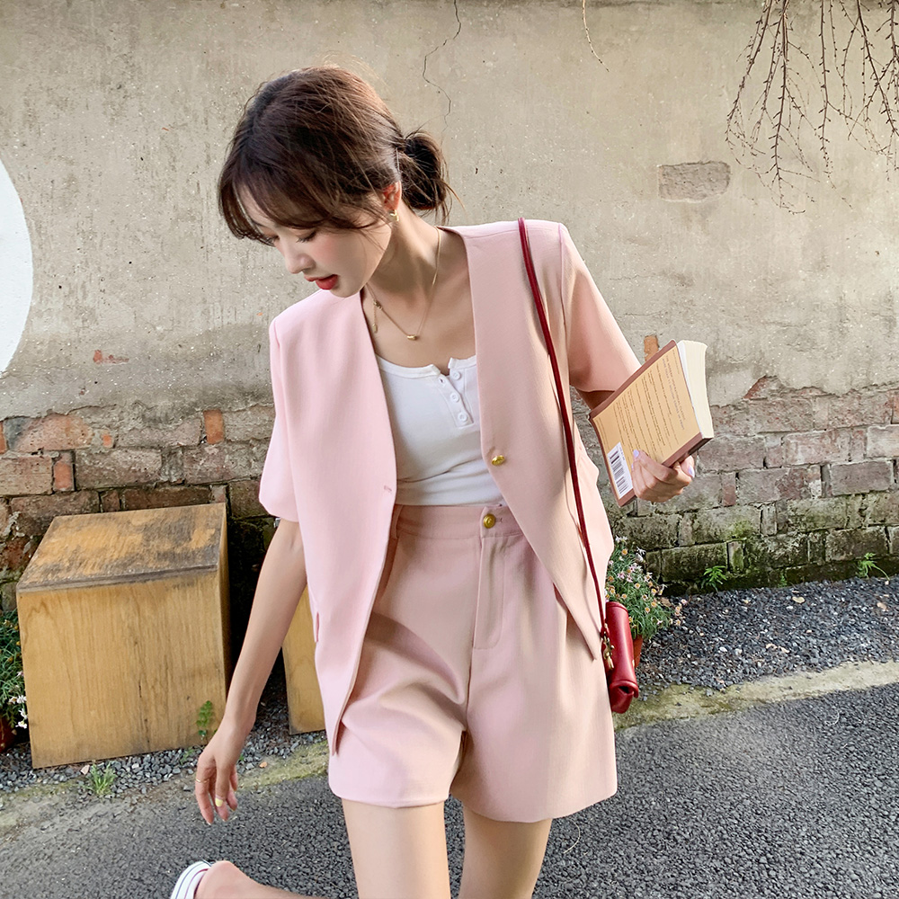 粉色高级感气质西装套装女2025夏季新款小个子时尚宽松休闲两件套