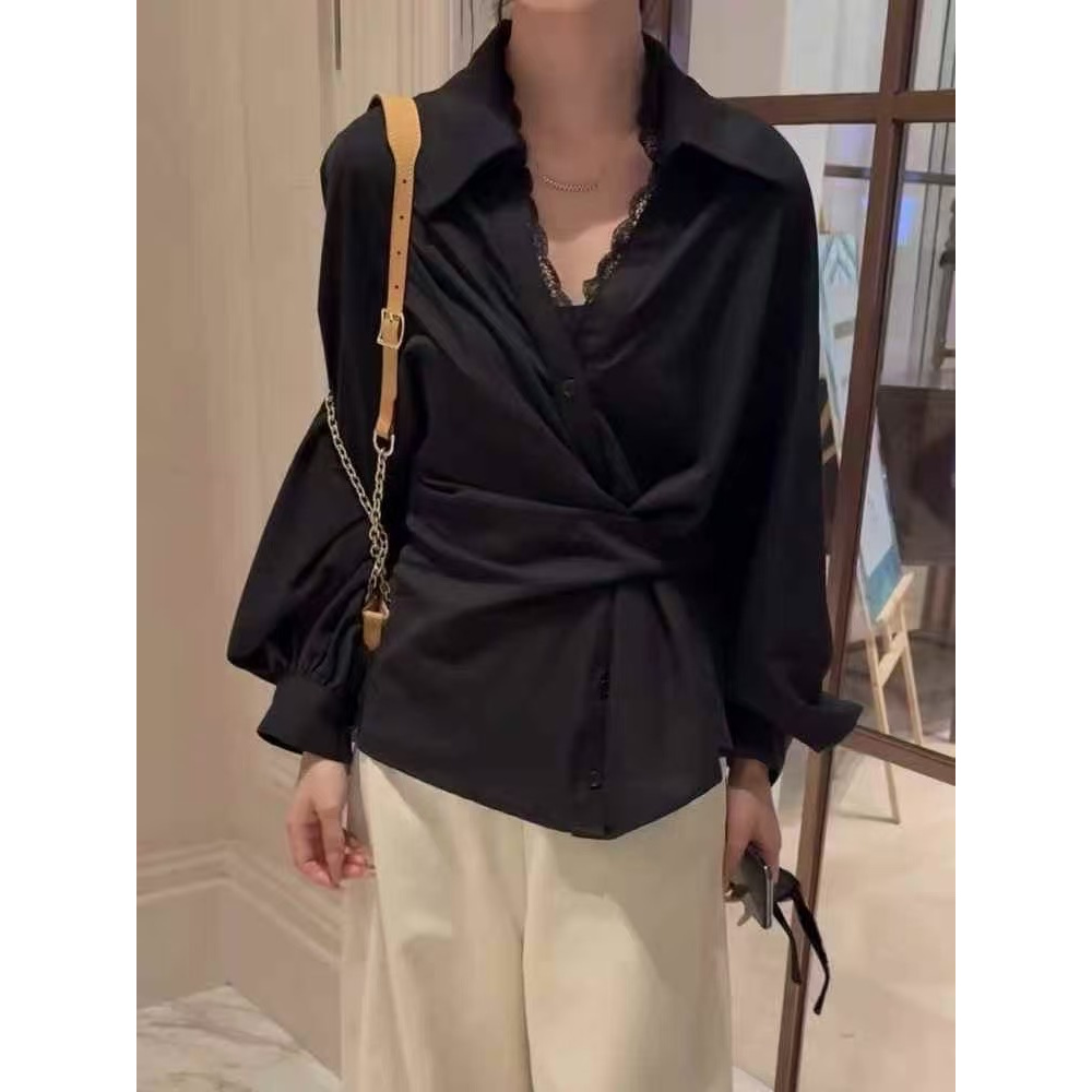 大码胖mm甜美风简约蕾丝拼接绑带长袖衬衫女秋季宽松休闲百搭上衣