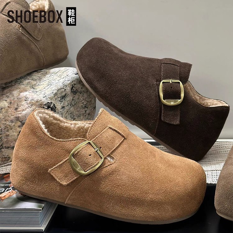 达芙妮集团旗下内增高加绒勃肯鞋女2025新款冬保暖毛毛棉鞋乐福鞋