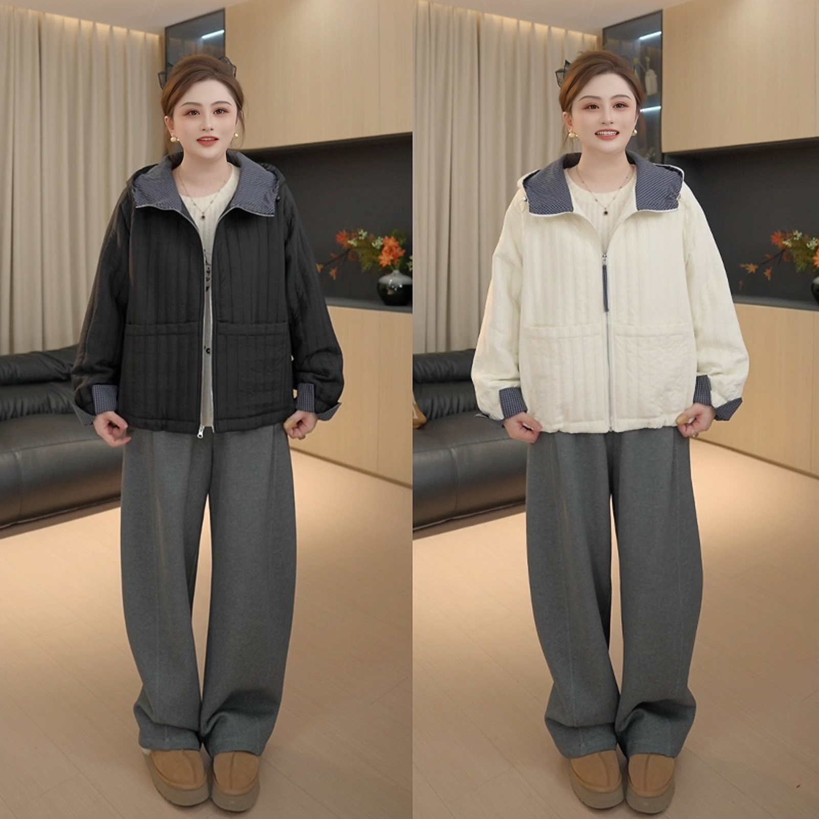 【胖佳佳】现货~浅冬独白 冬季时尚格纹拼接连帽棉衣外套H625H16658