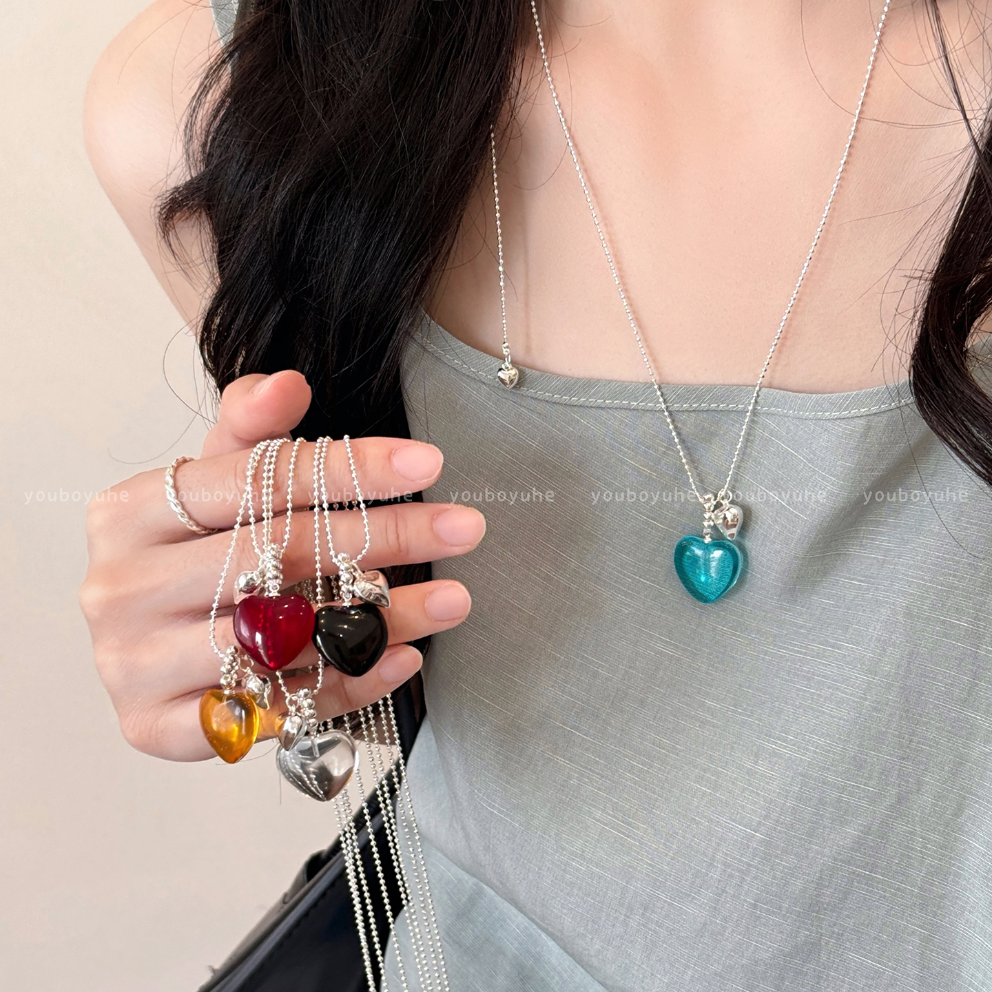 铜合金项链 韩国博主同款夏日多巴胺爱心吊坠项链女抽拉锁骨链C55