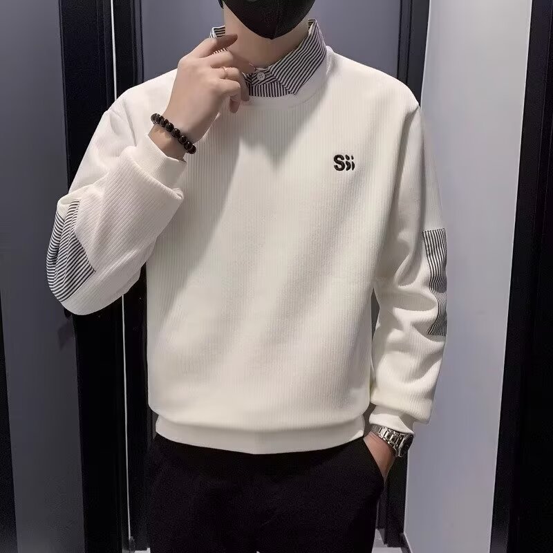男衬衫领卫衣加绒潮牌假两件灯芯绒春季2025新款秋冬款内搭打底衫