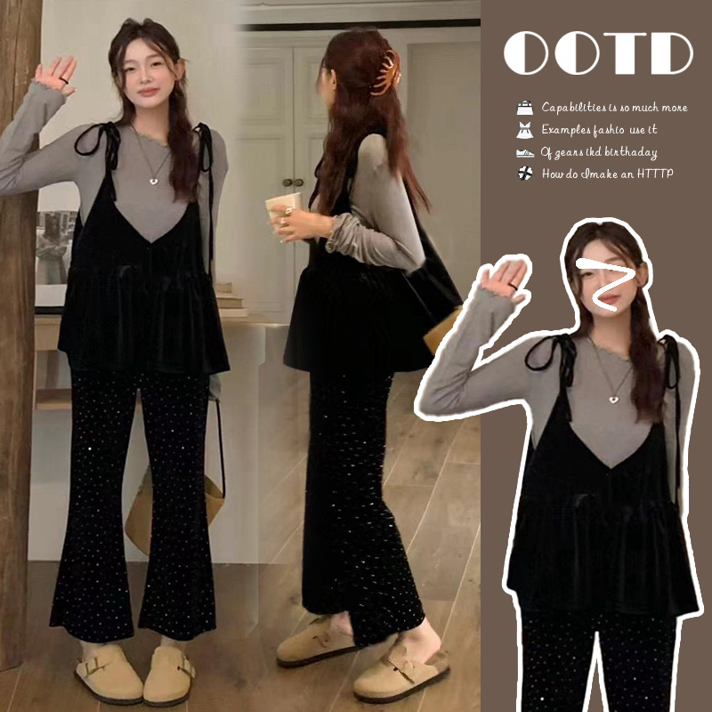 2025新款孕妇装秋装上衣吊带衫两件套＋喇叭裤九分丝绒阔腿裤套装