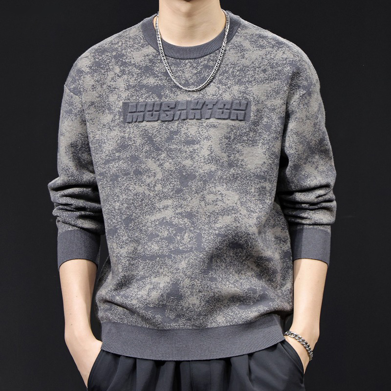 MR.MUDI/穆迪先生美式压花新款圆领休闲针织衫男宽松大码高端毛衣